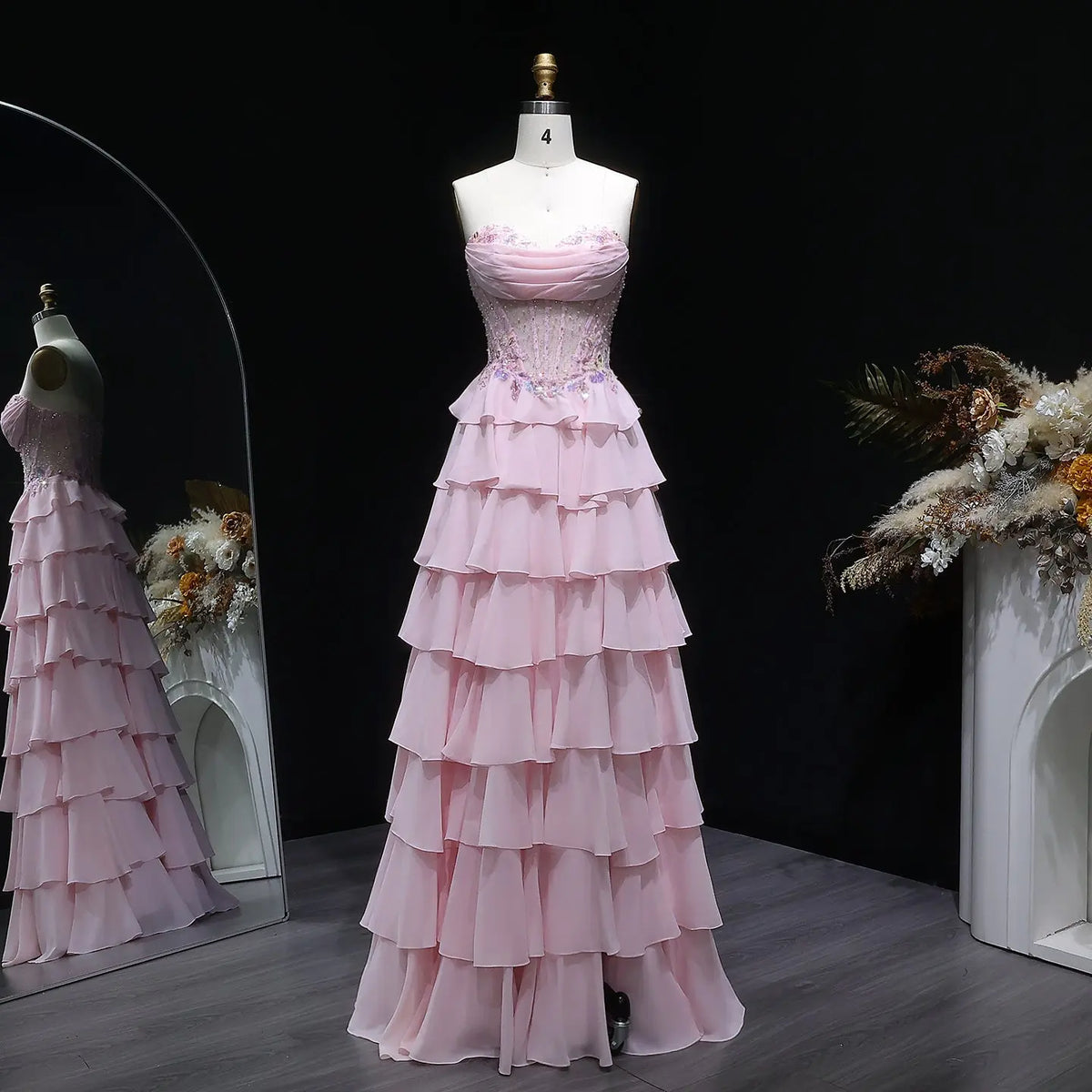 Luxury Pink Strapless Beaded Sequin Tiered Prom Dress SH138 
