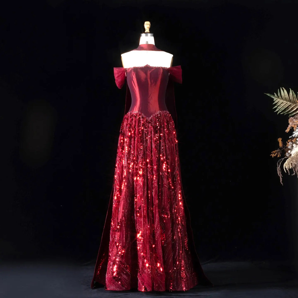 Elegant Wine Red Beaded Sequin Off-Shoulder Evening Dress with Scarf S SHARONSAID Elegant Wine Red Beaded Sequin Off-Shoulder Evening Dress with Scarf S SHARONSAID