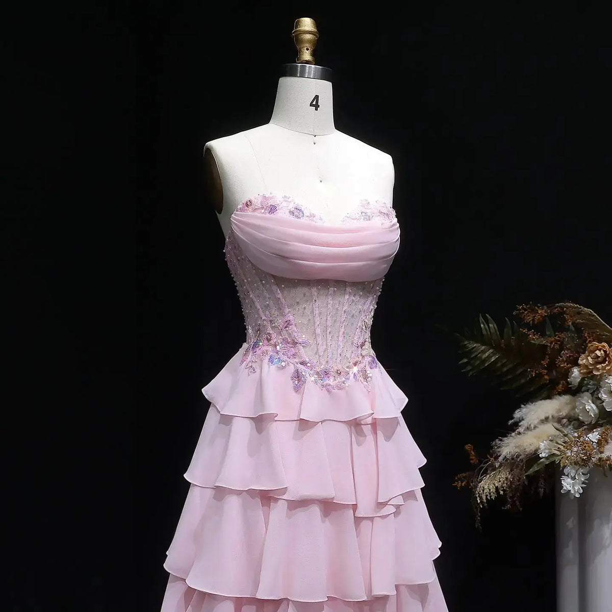 Luxury Pink Strapless Beaded Sequin Tiered Prom Dress SH138 