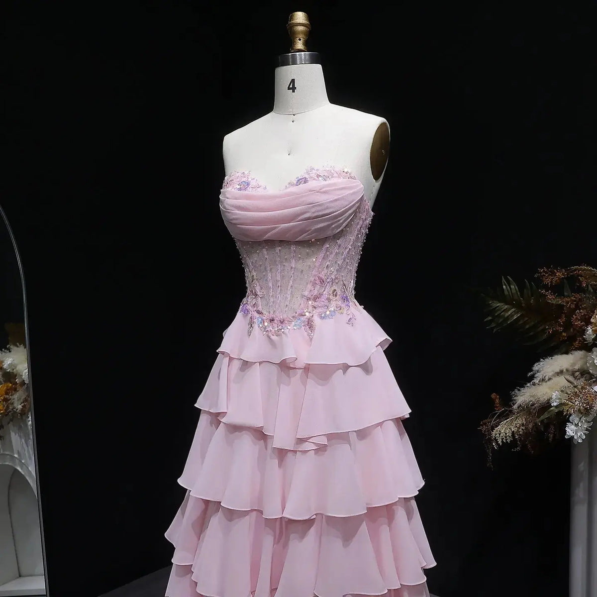 Luxury Pink Strapless Beaded Sequin Tiered Prom Dress SH138 
