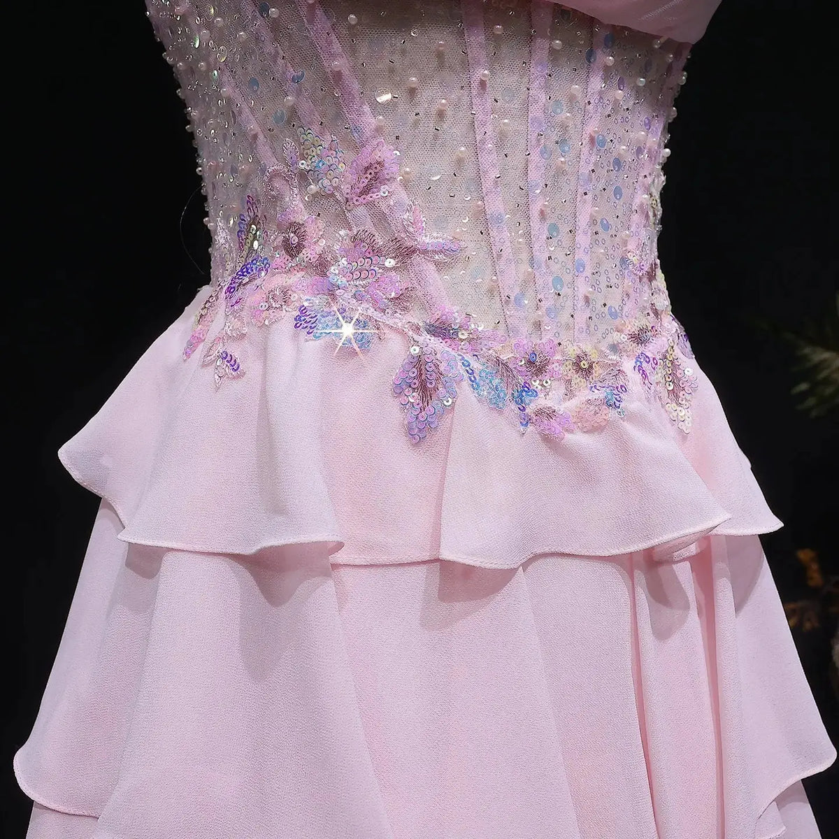 Luxury Pink Strapless Beaded Sequin Tiered Prom Dress SH138 