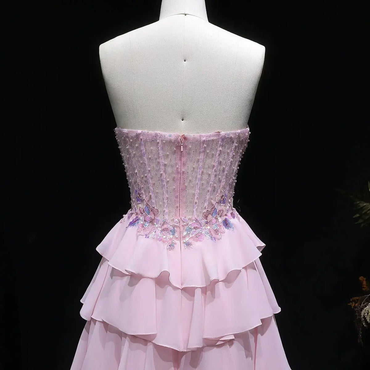Luxury Pink Strapless Beaded Sequin Tiered Prom Dress SH138 