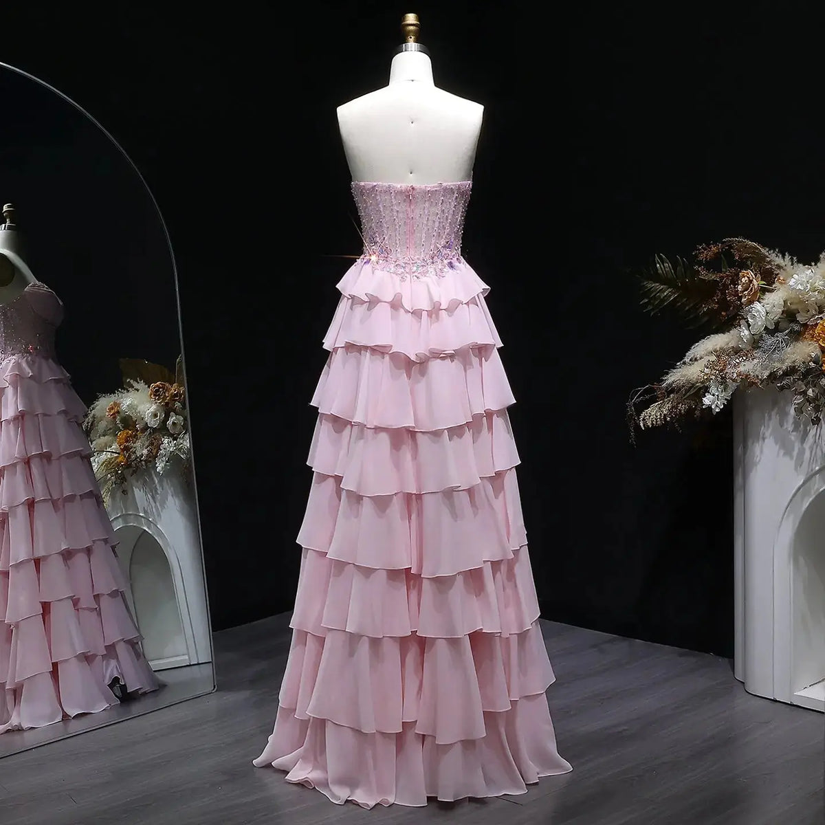 Luxury Pink Strapless Beaded Sequin Tiered Prom Dress SH138 