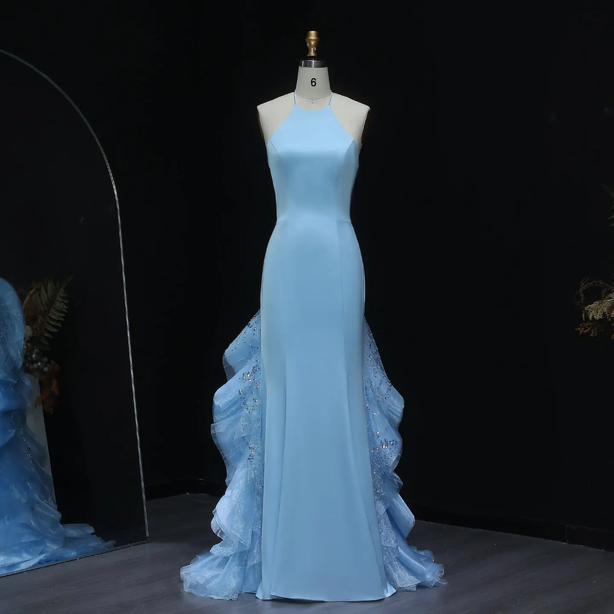 Stunning Blue Halter Evening Dress with Ruffles SS524 