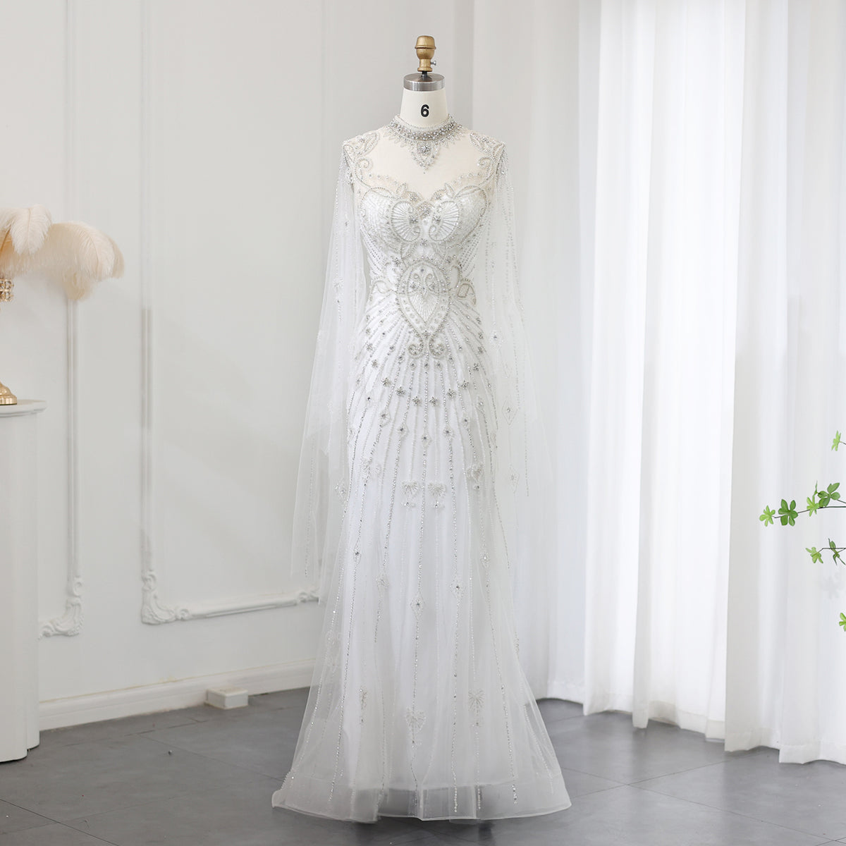 Sharon Said Luxuriöses, mit Perlen besetztes, weißes Meerjungfrau-Abendkleid mit Umhang, eleganter hoher Halsausschnitt für Frauen, Hochzeitsfeier, formelle Kleider SS014