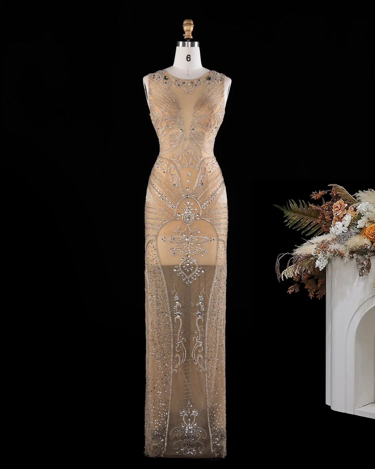 Nude Beaded Mesh Sheath Evening Dress SH026