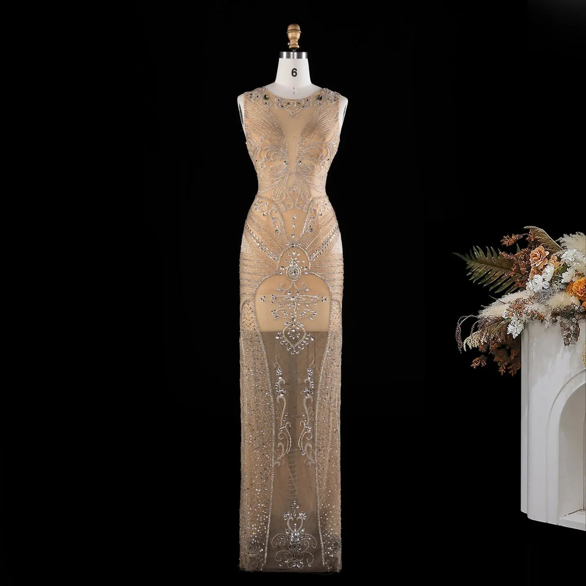 Nude Beaded Mesh Sheath Evening Dress SH026-2