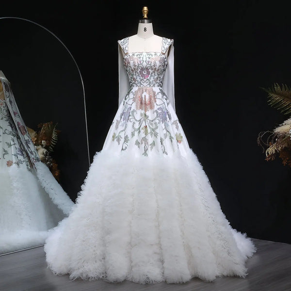 Luxury White Off-Shoulder Diamond Ball Gown Wedding Dress with Cape SW522