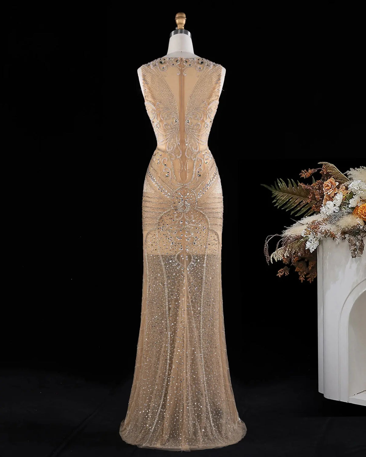 Nude Beaded Mesh Sheath Evening Dress SH026-9