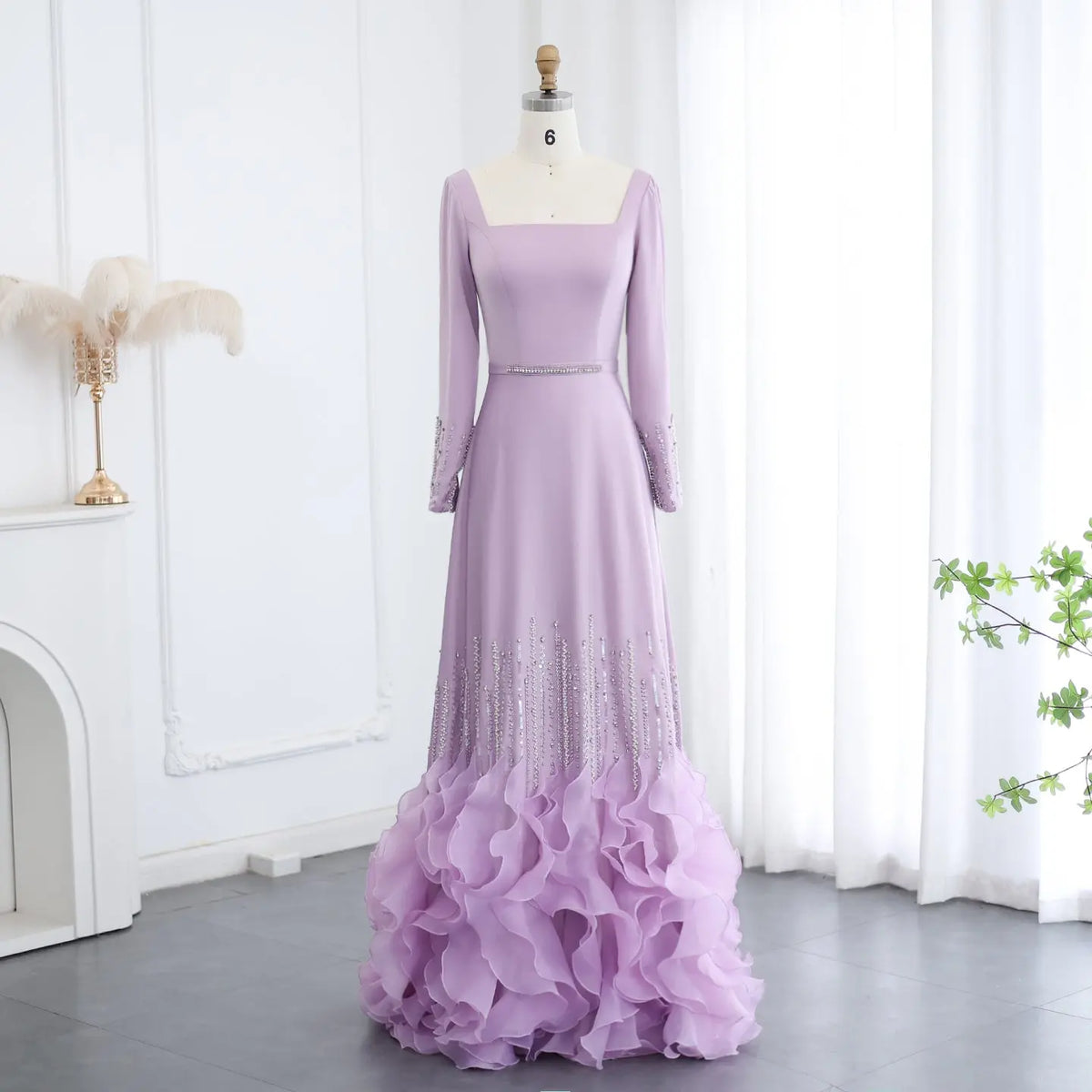 Luxury Lilac Ruffles Long Sleeve Evening Dress SS579 Luxury Lilac Ruffles Long Sleeve Evening Dress SS579