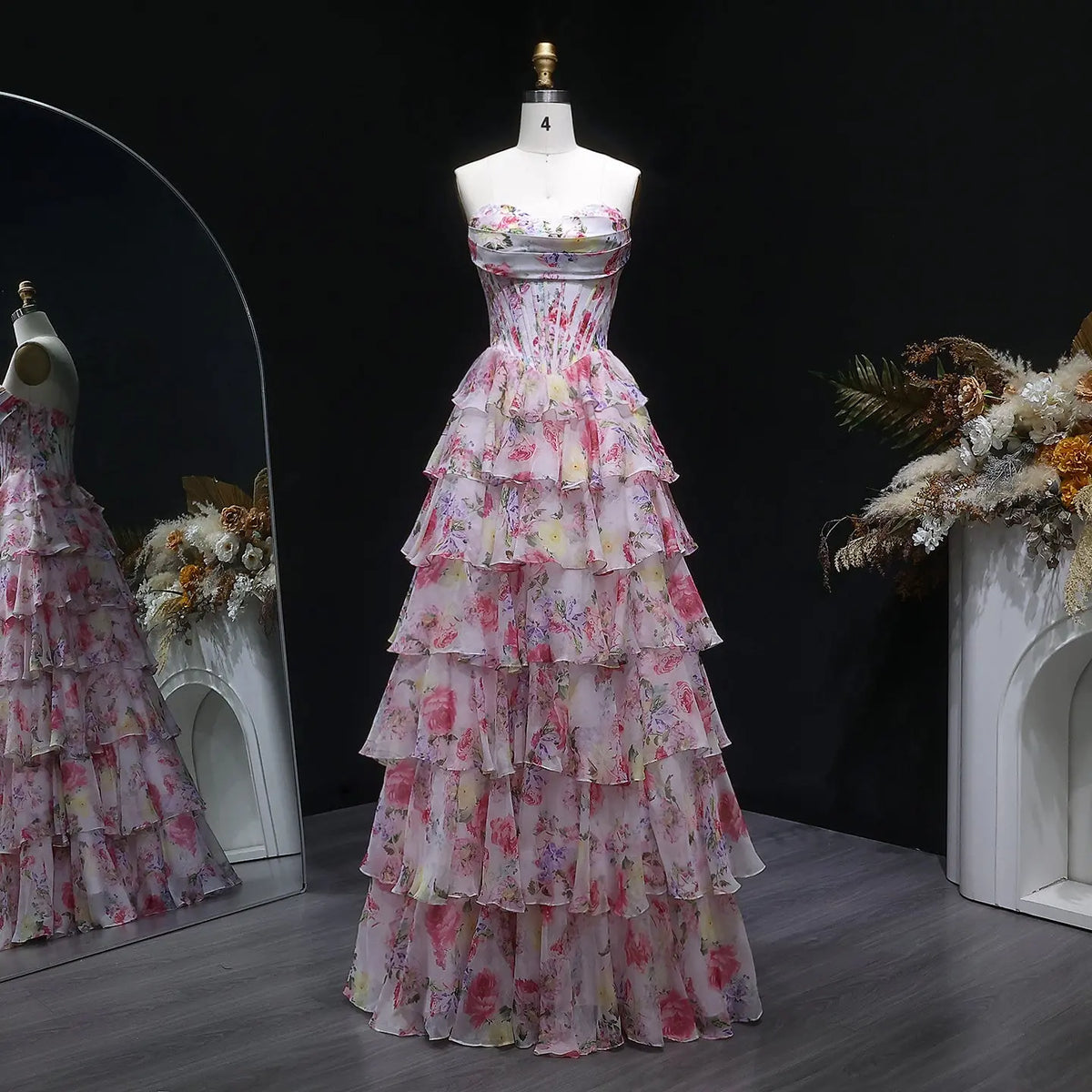 Luxury Pink Floral Strapless Tiered A-Line Prom Dress SH105 