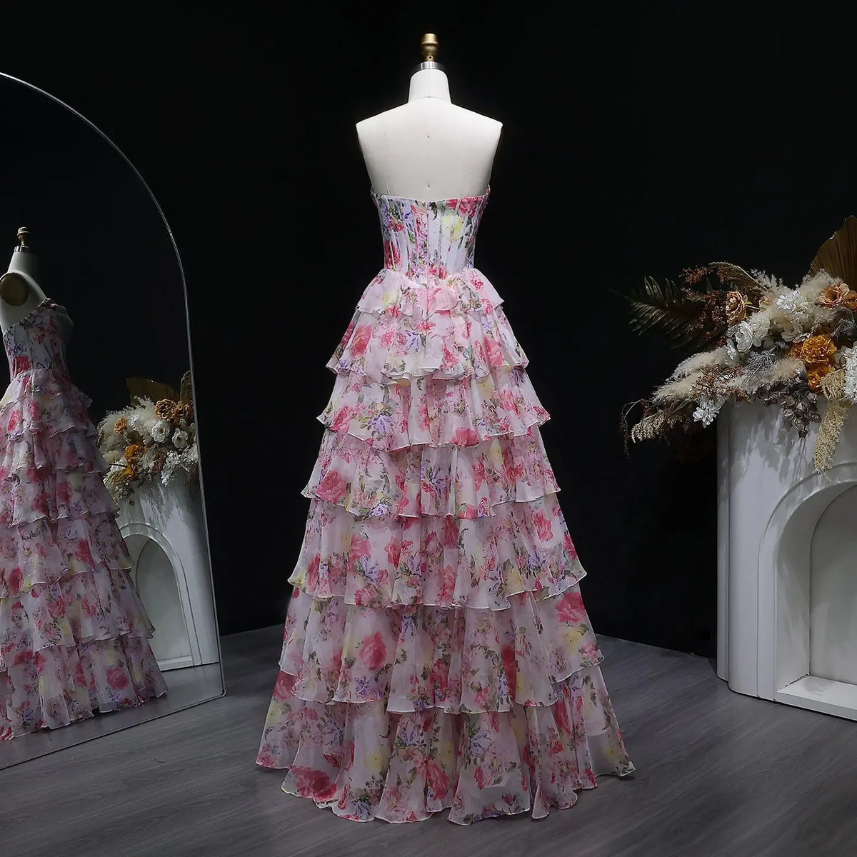 Luxury Pink Floral Strapless Tiered A-Line Prom Dress SH105 