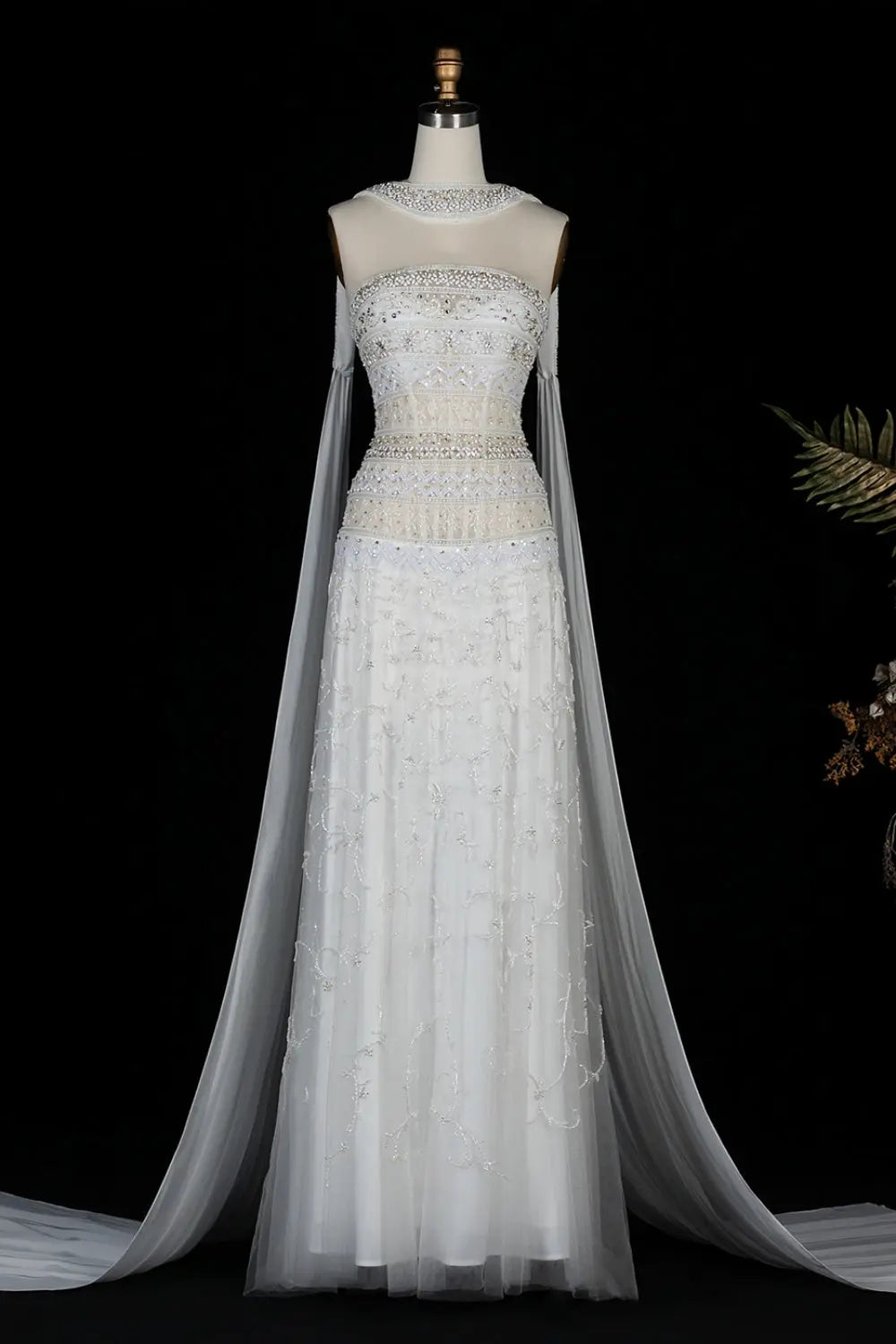 White Strapless Beaded Evening Dress Scarf SS508