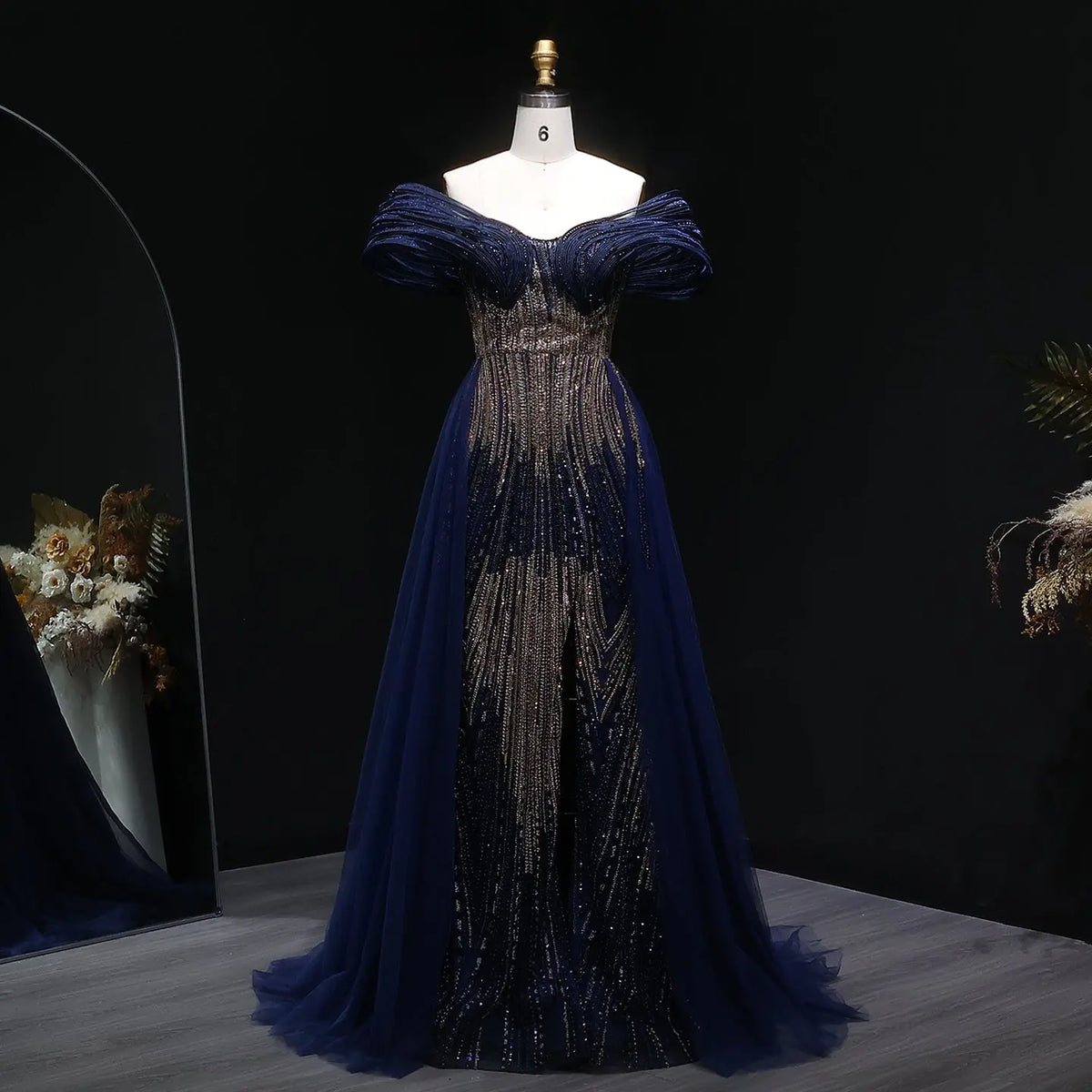 Luxury Champagne Corset Beaded Evening Gown with Overskirt SS717
