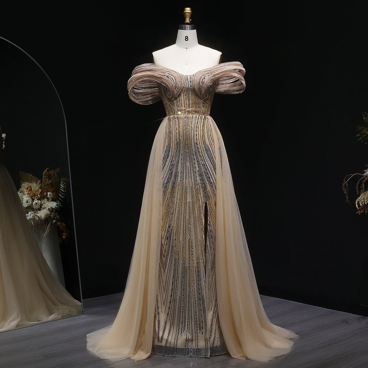 Luxury Champagne Corset Beaded Evening Gown with Overskirt SS717 