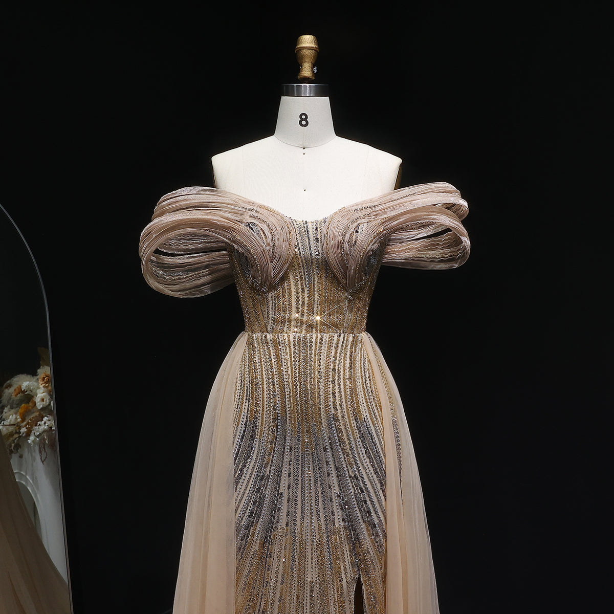 Luxury Champagne Corset Beaded Evening Gown with Overskirt SS717 