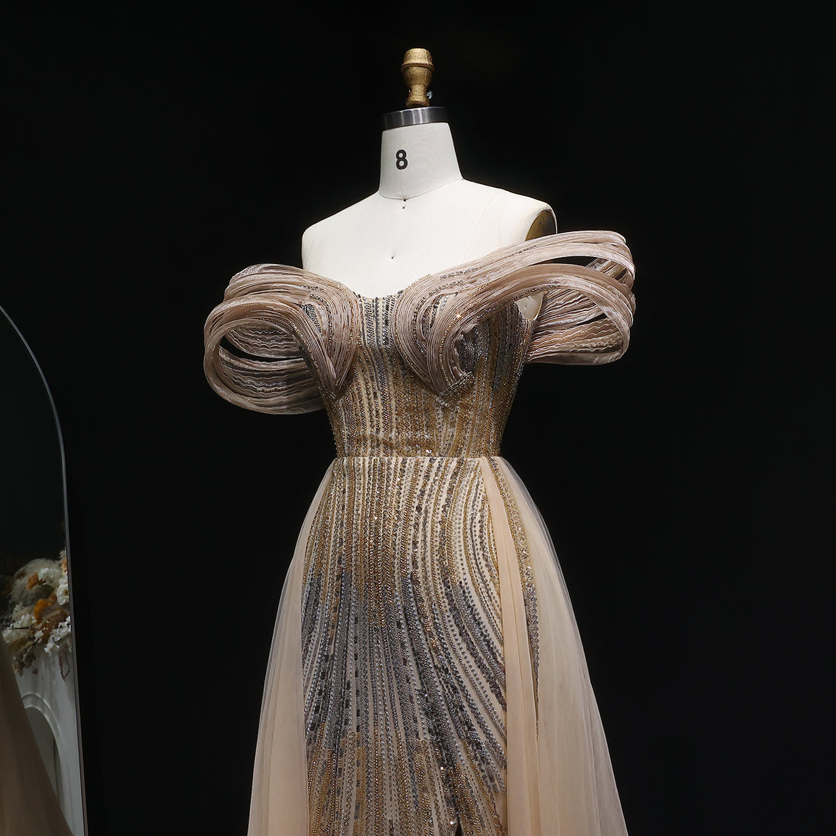 Luxury Champagne Corset Beaded Evening Gown with Overskirt SS717 