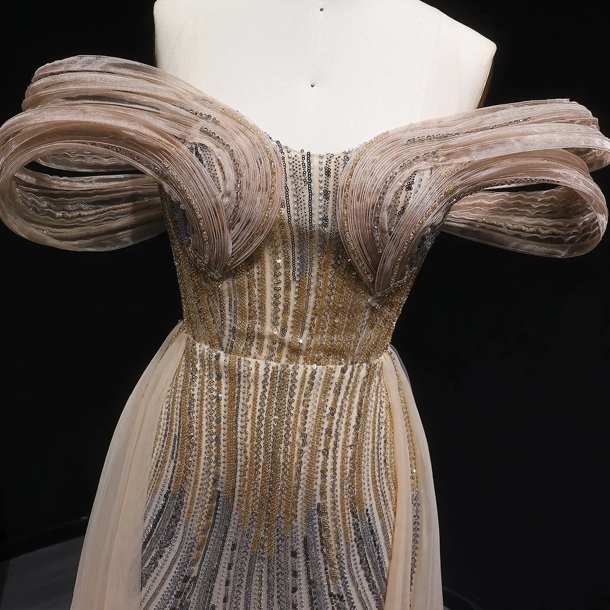 Luxury Champagne Corset Beaded Evening Gown with Overskirt SS717 - SHARONSAID Luxury Champagne Corset Beaded Evening Gown with Overskirt SS717 - SHARONSAID