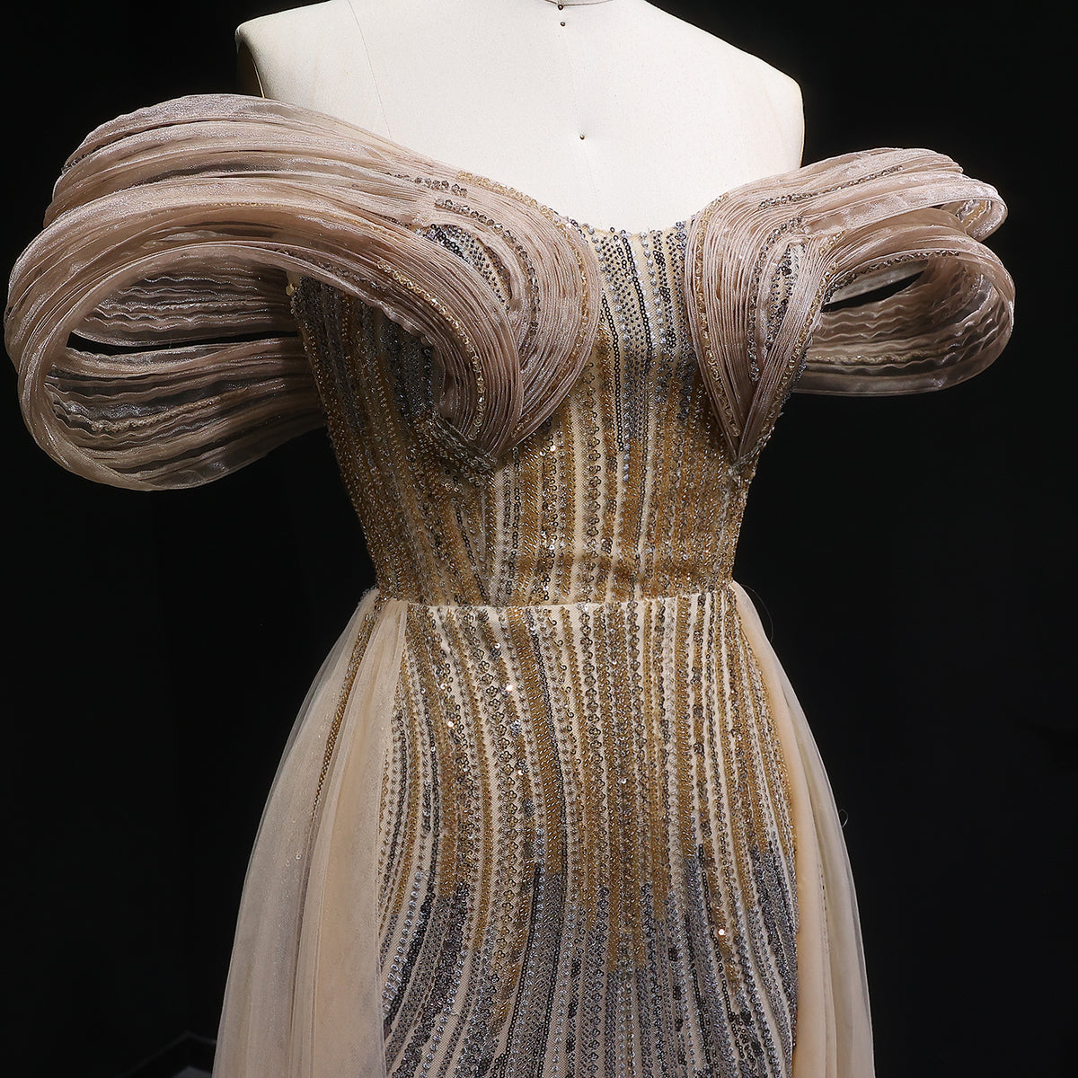 Luxury Champagne Corset Beaded Evening Gown with Overskirt SS717 