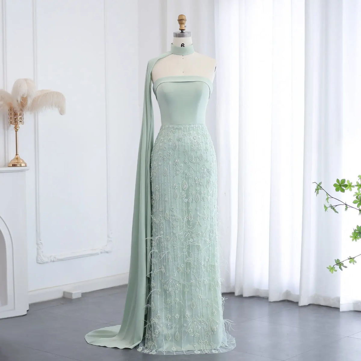 Luxury Sage Green Feathers Evening Dress with Scarf Cape SS014 - SHARONSAID Luxury Sage Green Feathers Evening Dress with Scarf Cape SS014 - SHARONSAID