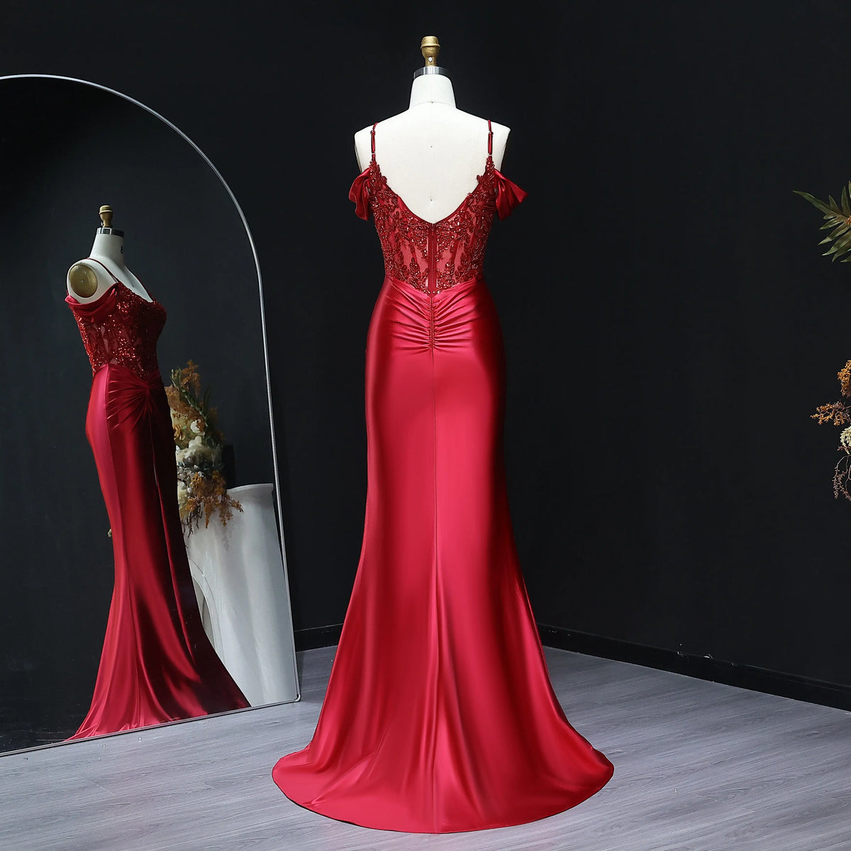 red backless dress with slit Luuvis Women Red Halter Neck Backless Lace Top Long Satin Mermaid Prom Dress with Slit