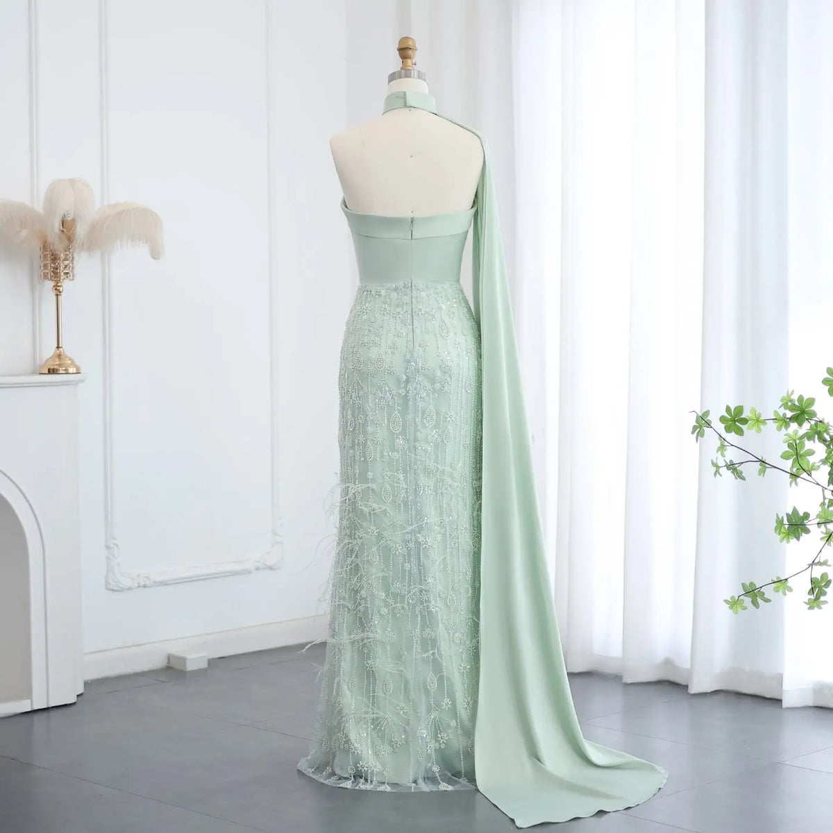 sage green scarf dress Lace & Beads one shoulder scarf neck maxi dress in sage green print