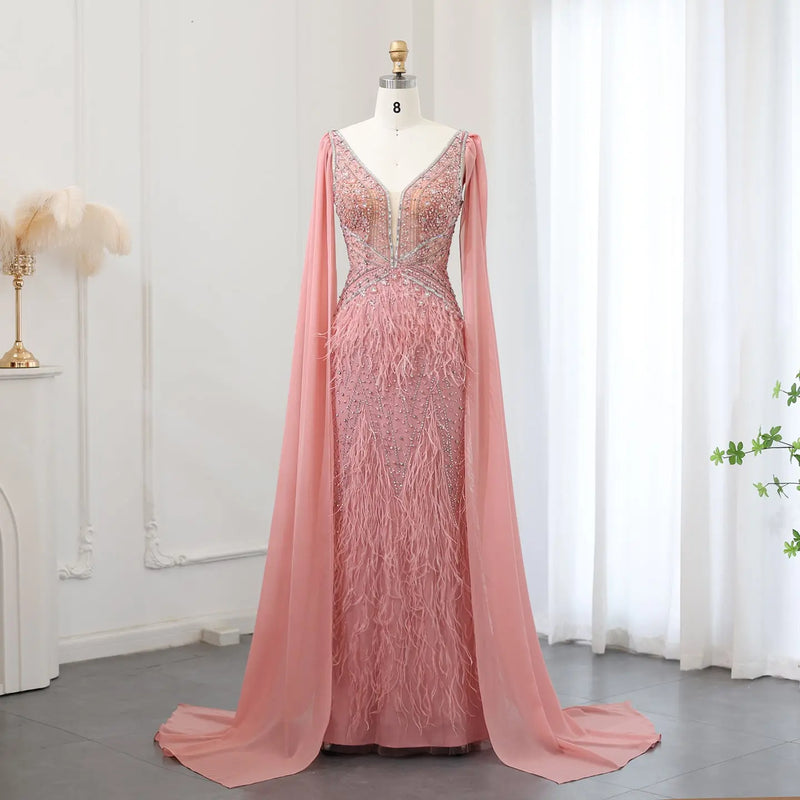 Luxury Feathers Blue Evening Dress with Cape Sleeves SS027 