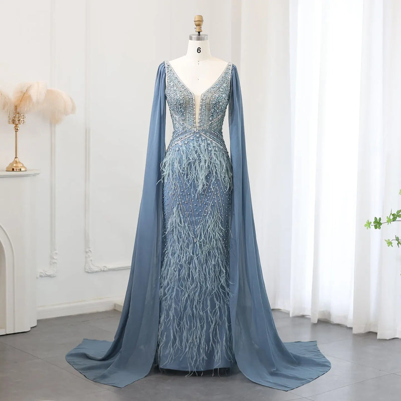 Luxury Feathers Blue Evening Dress with Cape Sleeves SS027 