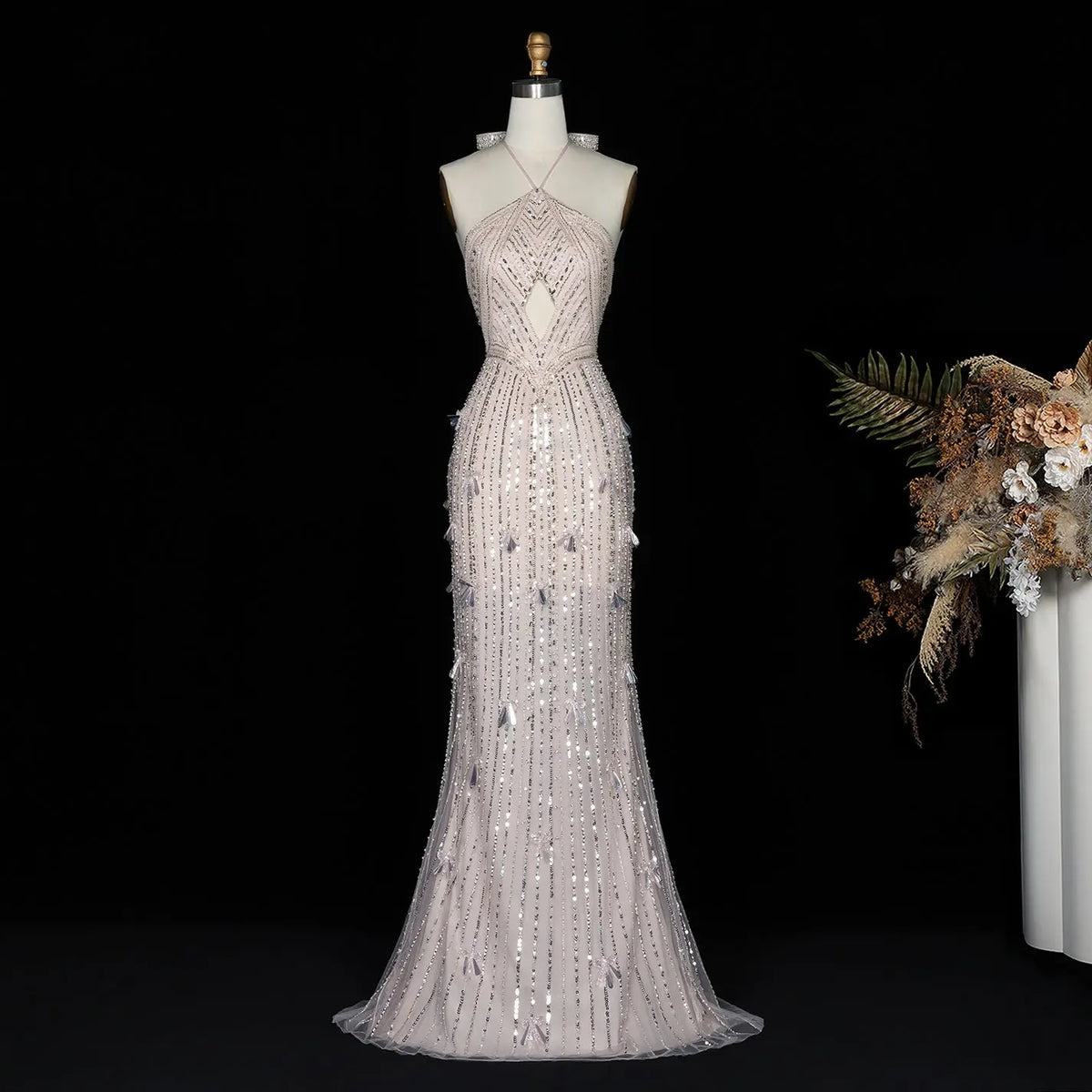 Beige Beaded Halter Backless Mermaid Evening Gown SS496