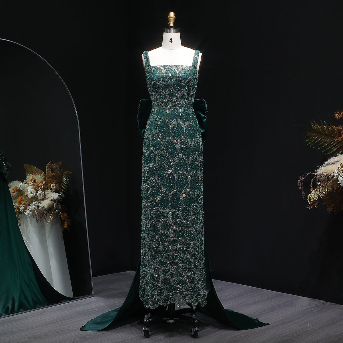 Luxury Emerald Green Sequin Train Evening Dress with Bow Overskirt SS648 