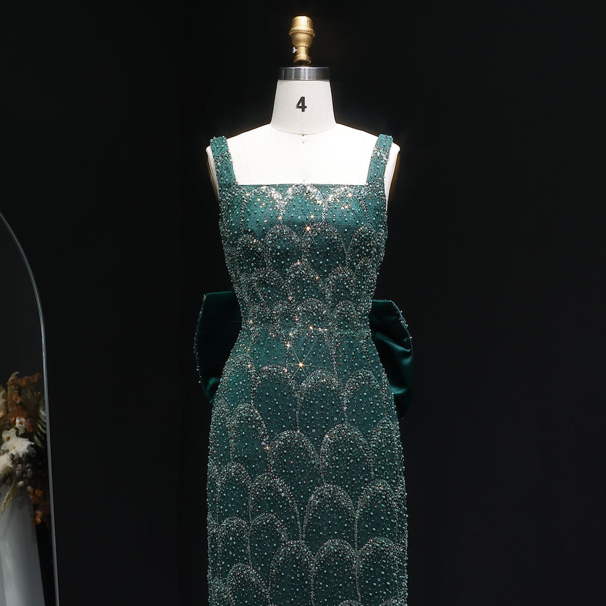 Luxury Emerald Green Sequin Train Evening Dress with Bow Overskirt SS648 