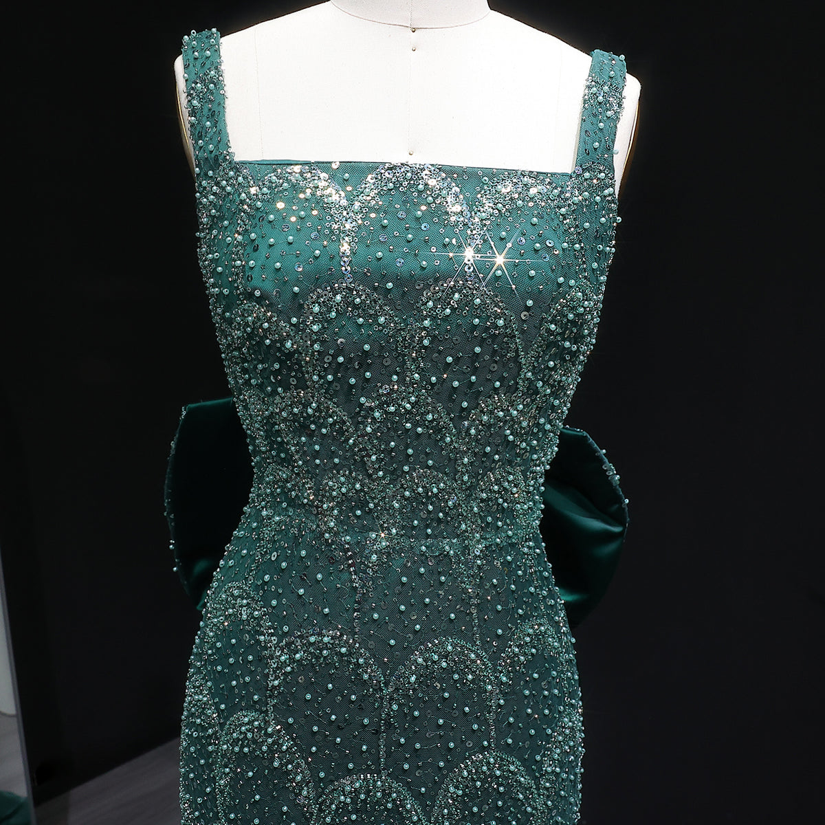 Luxury Emerald Green Sequin Train Evening Dress with Bow Overskirt SS648 