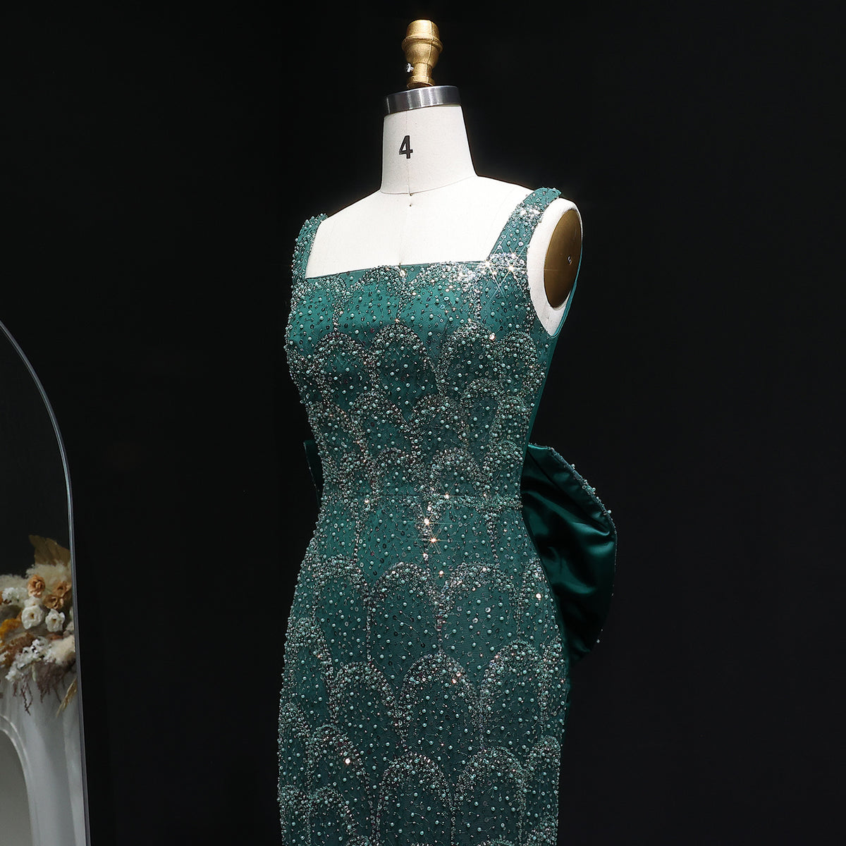 Luxury Emerald Green Sequin Train Evening Dress with Bow Overskirt SS648 