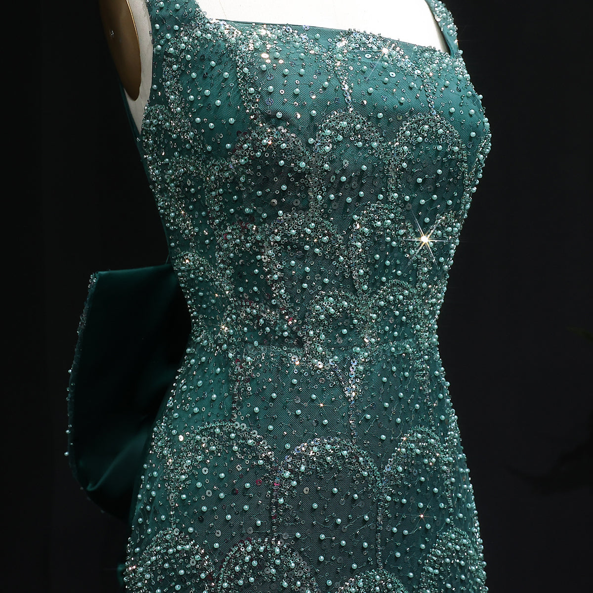 Luxury Emerald Green Sequin Train Evening Dress with Bow Overskirt SS648 