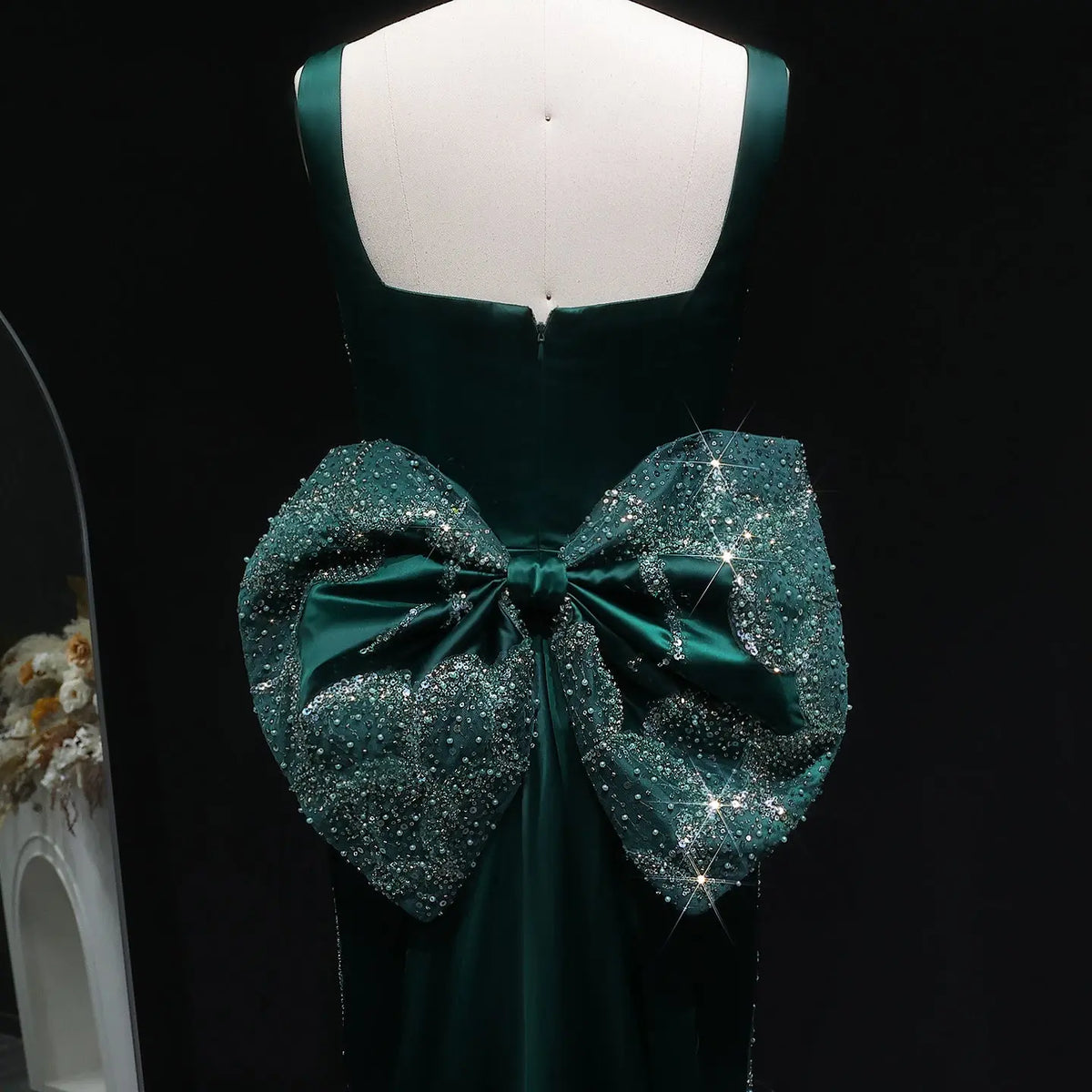 Luxury Emerald Green Sequin Train Evening Dress with Bow Overskirt SS648 Luxury Emerald Green Sequin Train Evening Dress with Bow Overskirt SS648