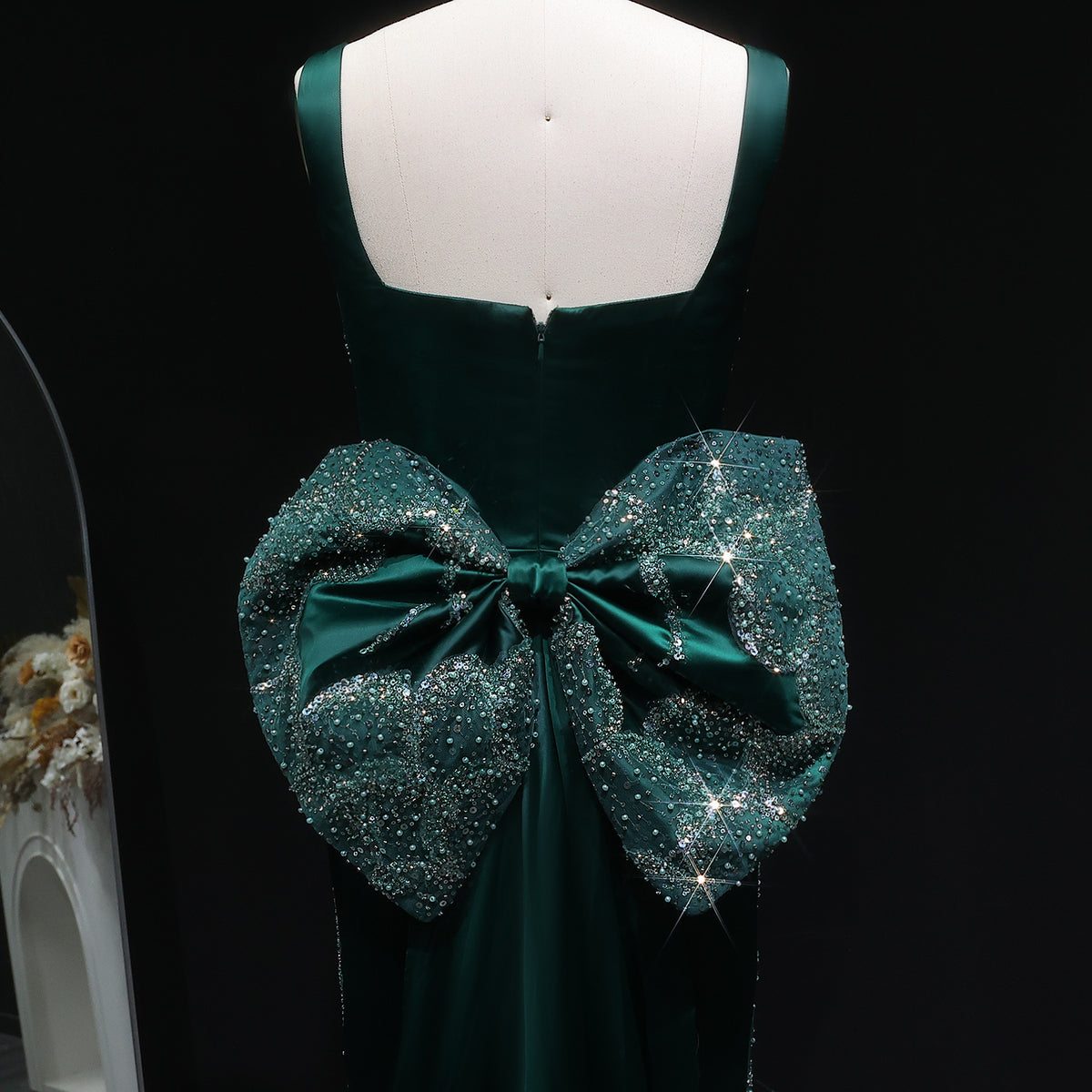 Luxury Emerald Green Sequin Train Evening Dress with Bow Overskirt SS648 