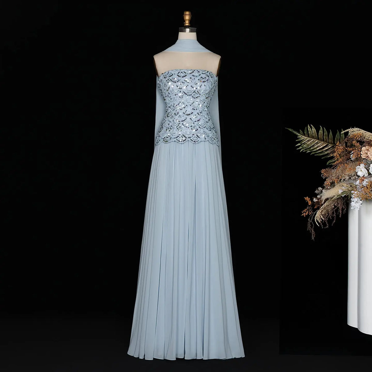 Ice Blue Sequin Strapless Evening Dress SS651-6