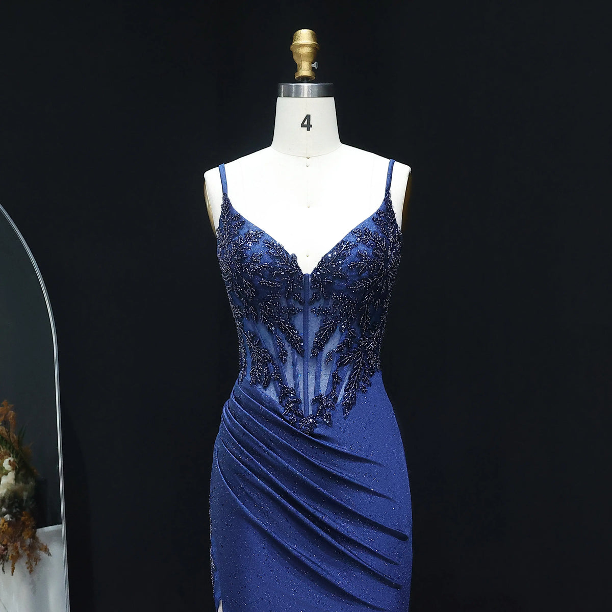 Luxury Navy Blue Spaghetti Strap Beaded Ruched Prom Dress SH514 