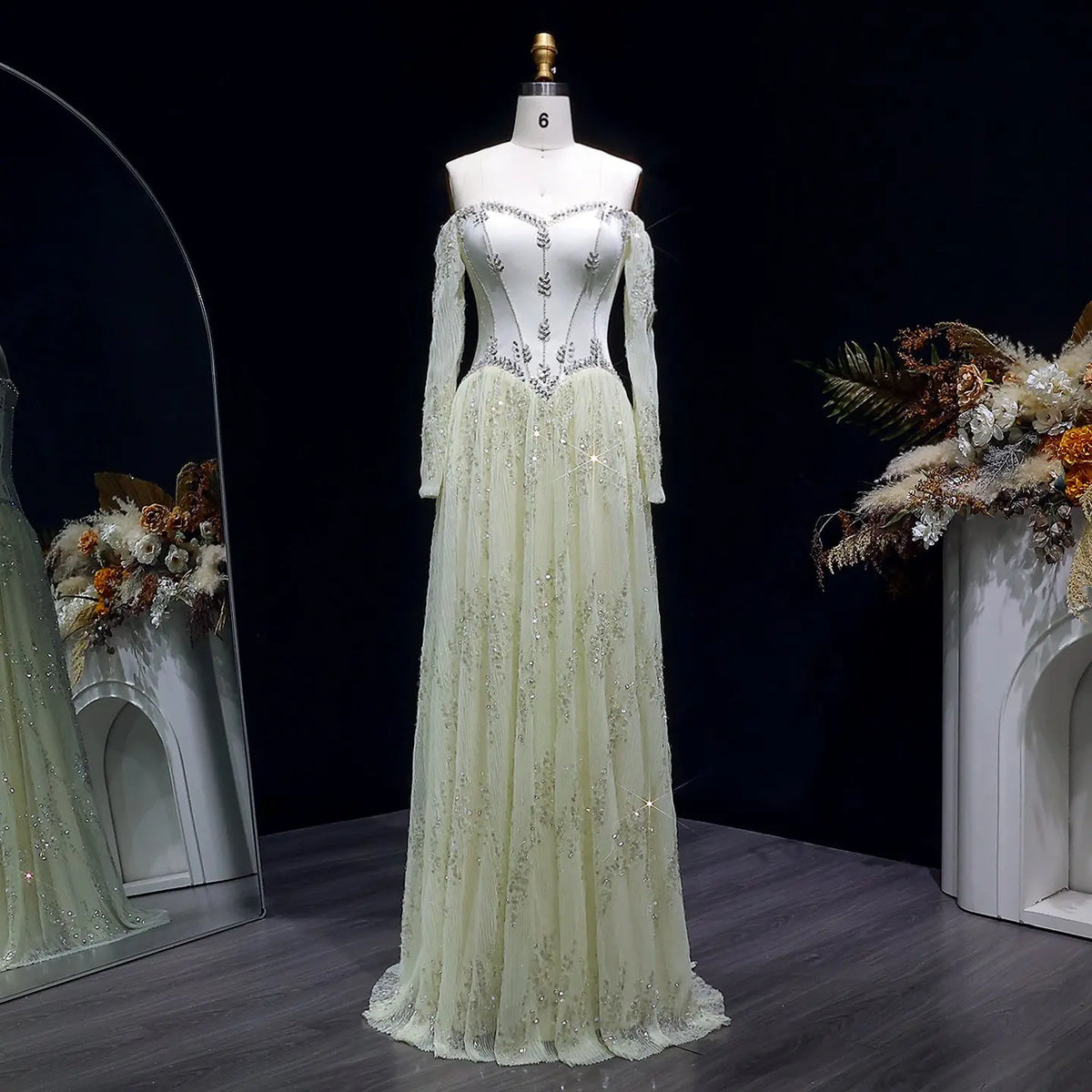 Luxury Beige Crystal Beaded Mesh Long Sleeve Evening Dress SS628 