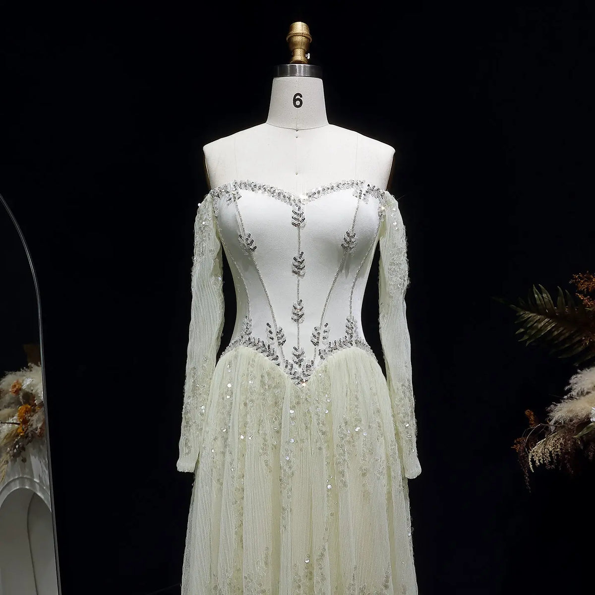 Luxury Beige Crystal Beaded Mesh Long Sleeve Evening Dress SS628 