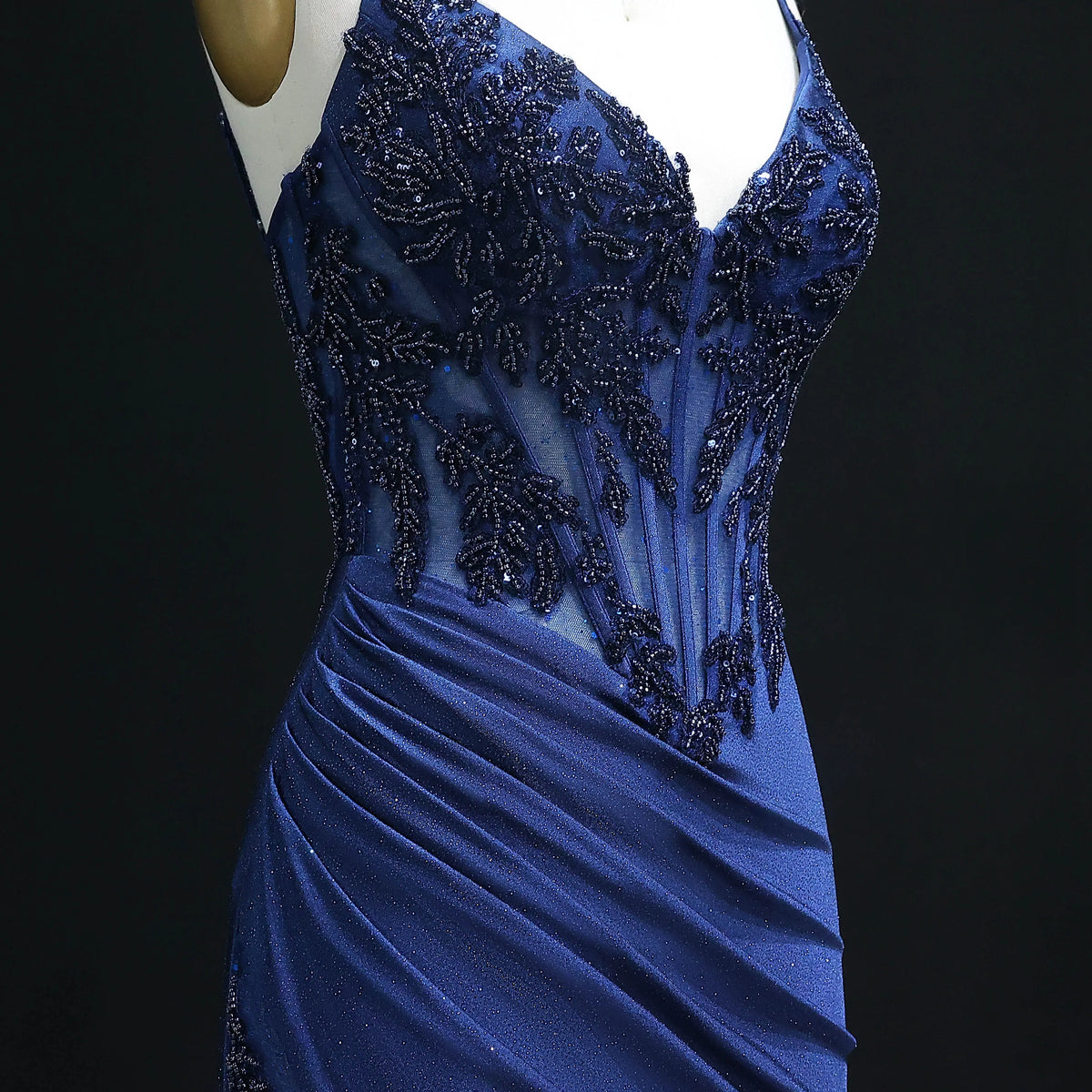 Luxury Navy Blue Spaghetti Strap Beaded Ruched Prom Dress SH514 