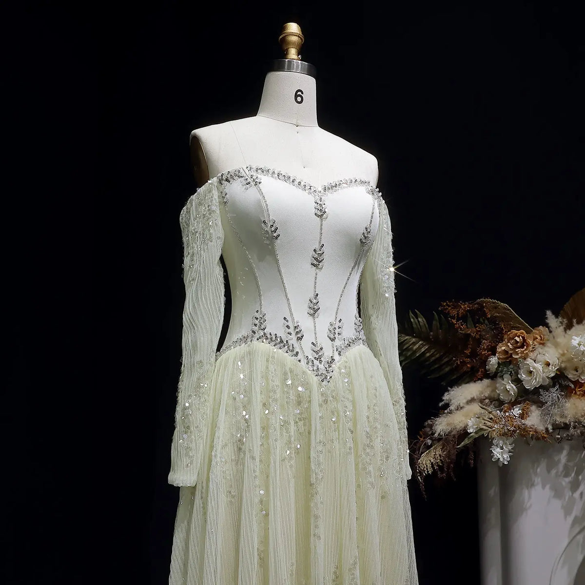 Luxury Beige Crystal Beaded Mesh Long Sleeve Evening Dress SS628 