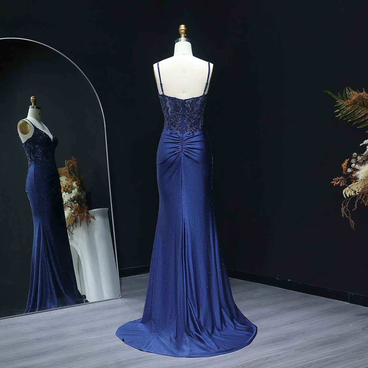 Luxury Navy Blue Spaghetti Strap Beaded Ruched Prom Dress SH514