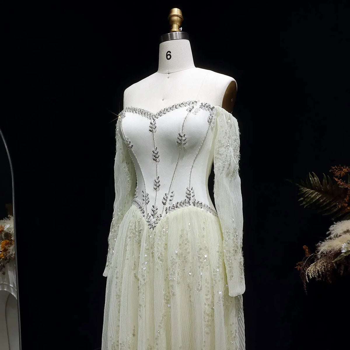 Luxury Beige Crystal Beaded Mesh Long Sleeve Evening Dress SS628 