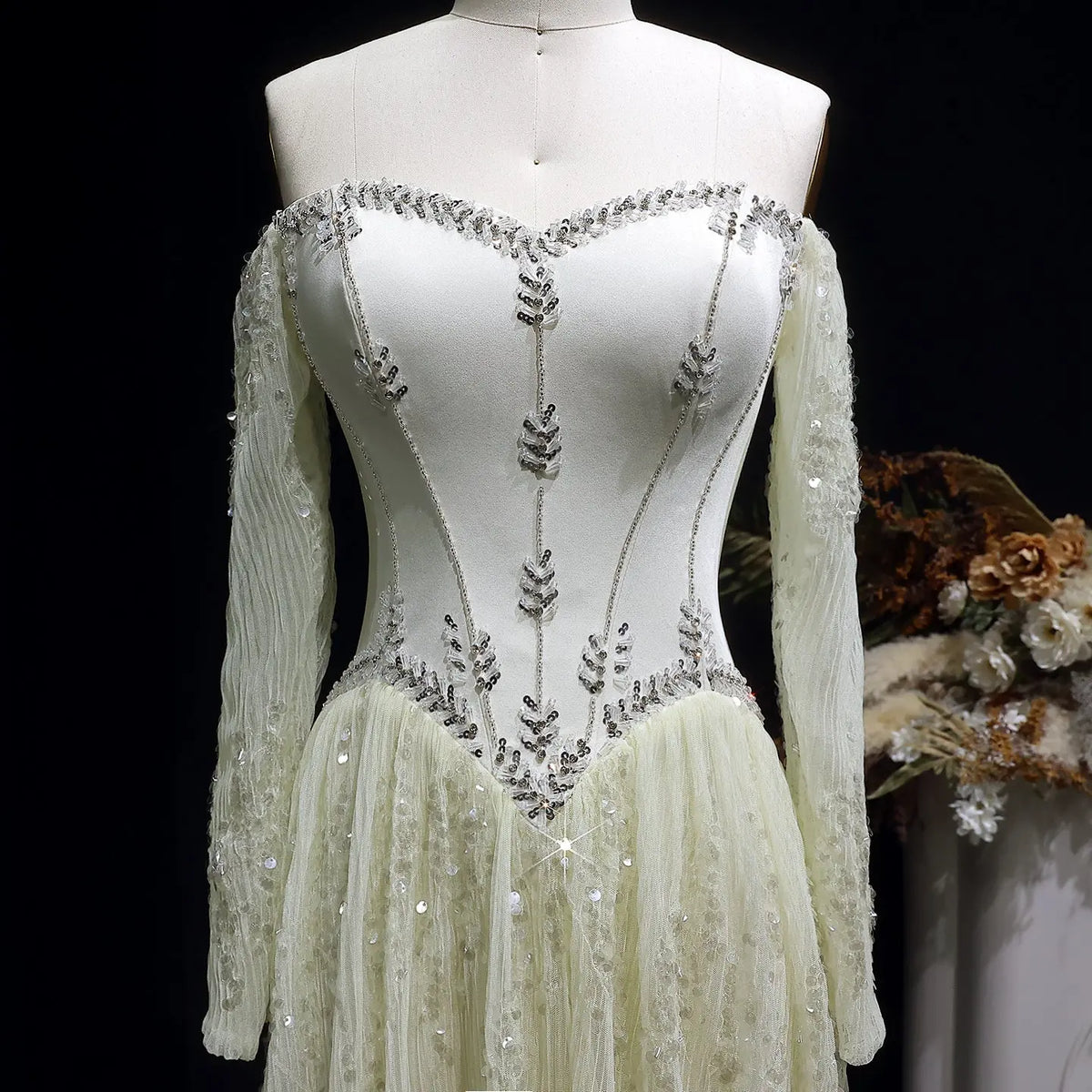 Luxury Beige Crystal Beaded Mesh Long Sleeve Evening Dress SS628 