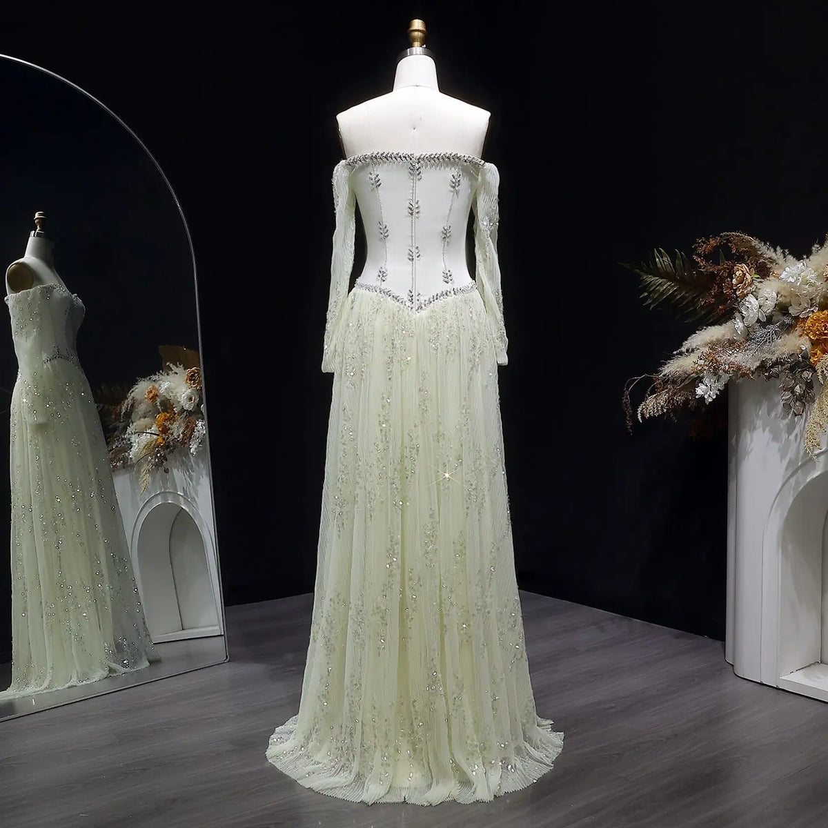 Luxury Beige Crystal Beaded Mesh Long Sleeve Evening Dress SS628 