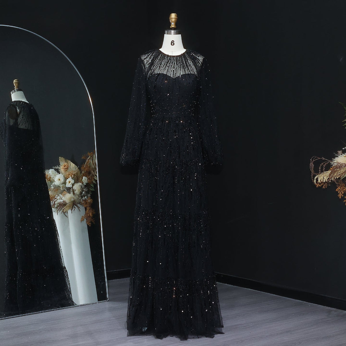 Luxury Beige Ruffles Beaded Long Sleeves Evening Dress SS514