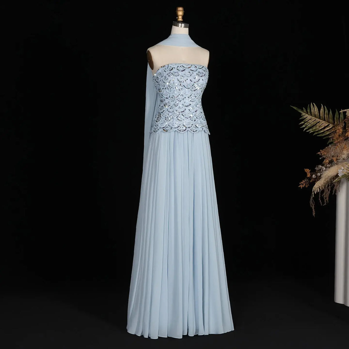 Ice Blue Sequin Strapless Evening Dress SS651-10