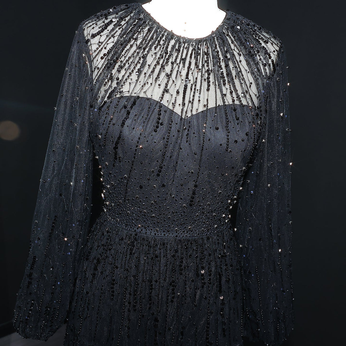 Luxury Beige Ruffles Beaded Long Sleeves Evening Dress SS514