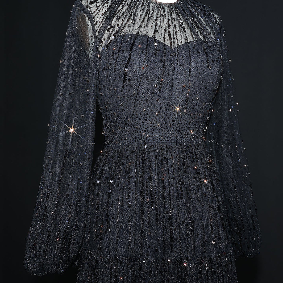 Luxury Beige Ruffles Beaded Long Sleeves Evening Dress SS514